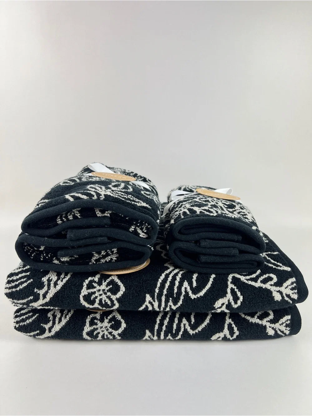 Common Thread Bath Towel Set Bold Black Cream Floral Soft Cotton 6 Pc NEW